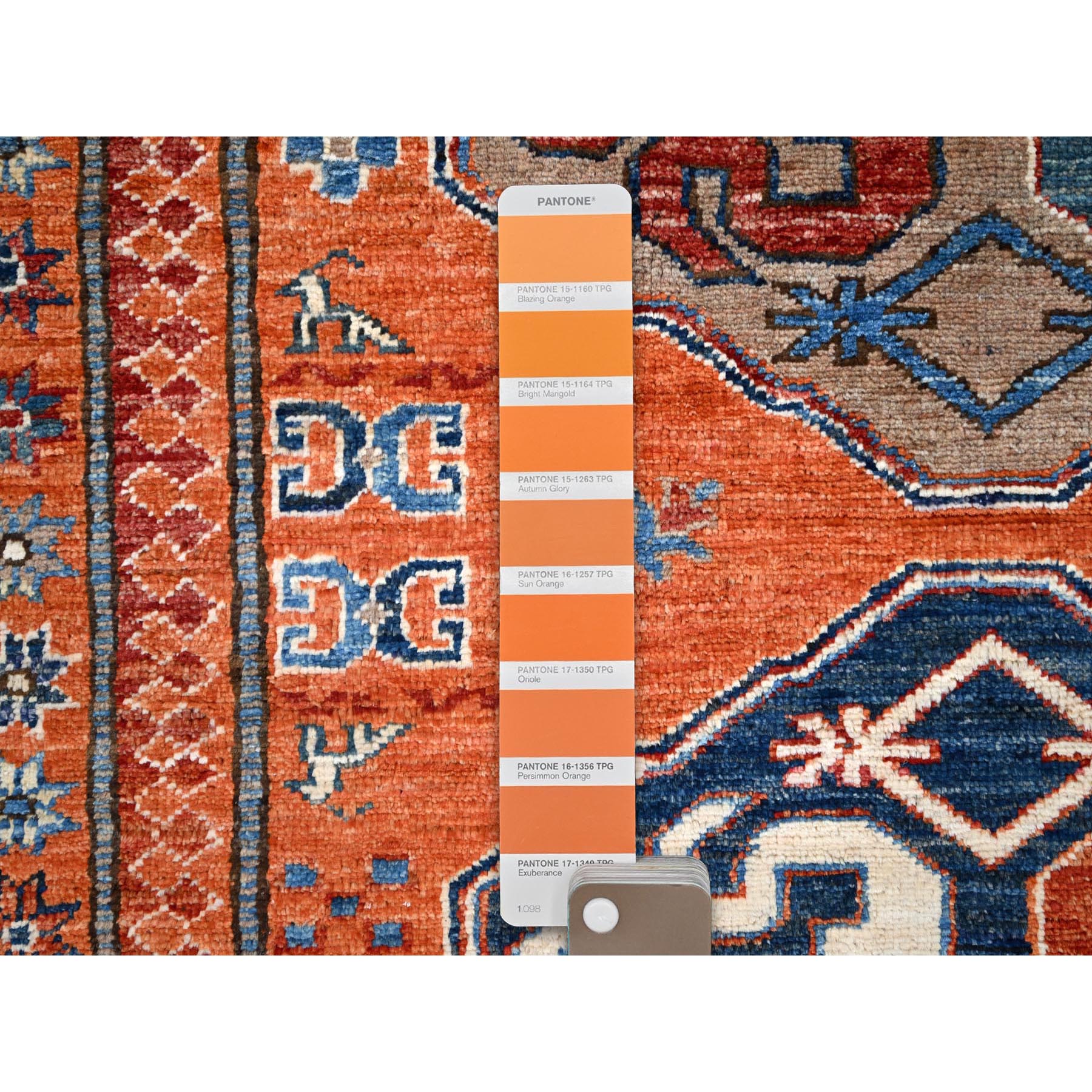 8'10"x11'10" Sun Orange, Hand Knotted, Vegetable Dyes, Natural Wool, Denser Weave, Afghan Super Kazak with Geometric Elements, Oriental Rug HR86539 - Image 8