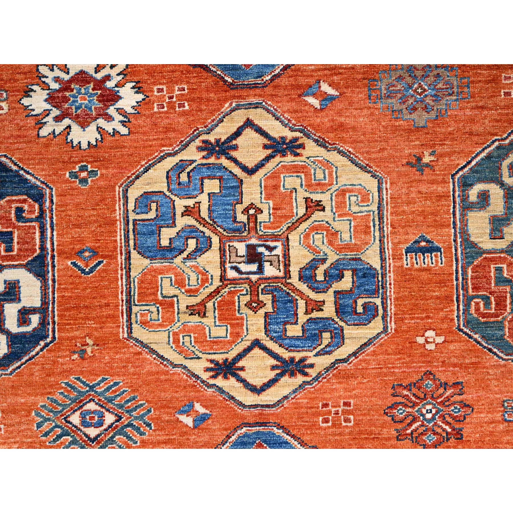8'10"x11'10" Sun Orange, Hand Knotted, Vegetable Dyes, Natural Wool, Denser Weave, Afghan Super Kazak with Geometric Elements, Oriental Rug HR86539 - Image 9