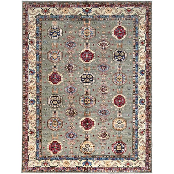 8'10"x11'9" Wrought Iron Gray and Shoji White, Soft Pure Wool, Vegetable Dyes, Afghan Super Kazak with All Over Medallions, Hand Knotted, Oriental Rug HR86540