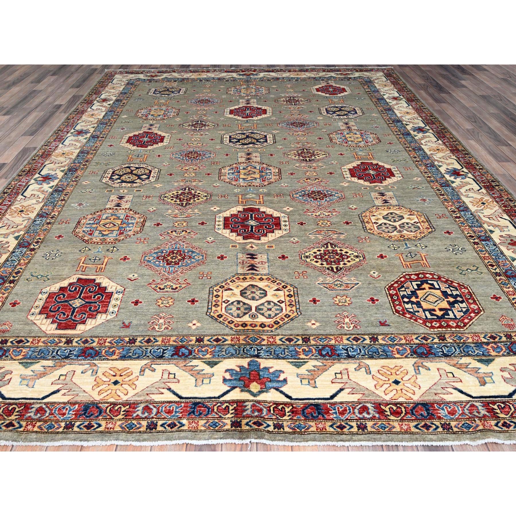 8'10"x11'9" Wrought Iron Gray and Shoji White, Soft Pure Wool, Vegetable Dyes, Afghan Super Kazak with All Over Medallions, Hand Knotted, Oriental Rug HR86540 - Image 3