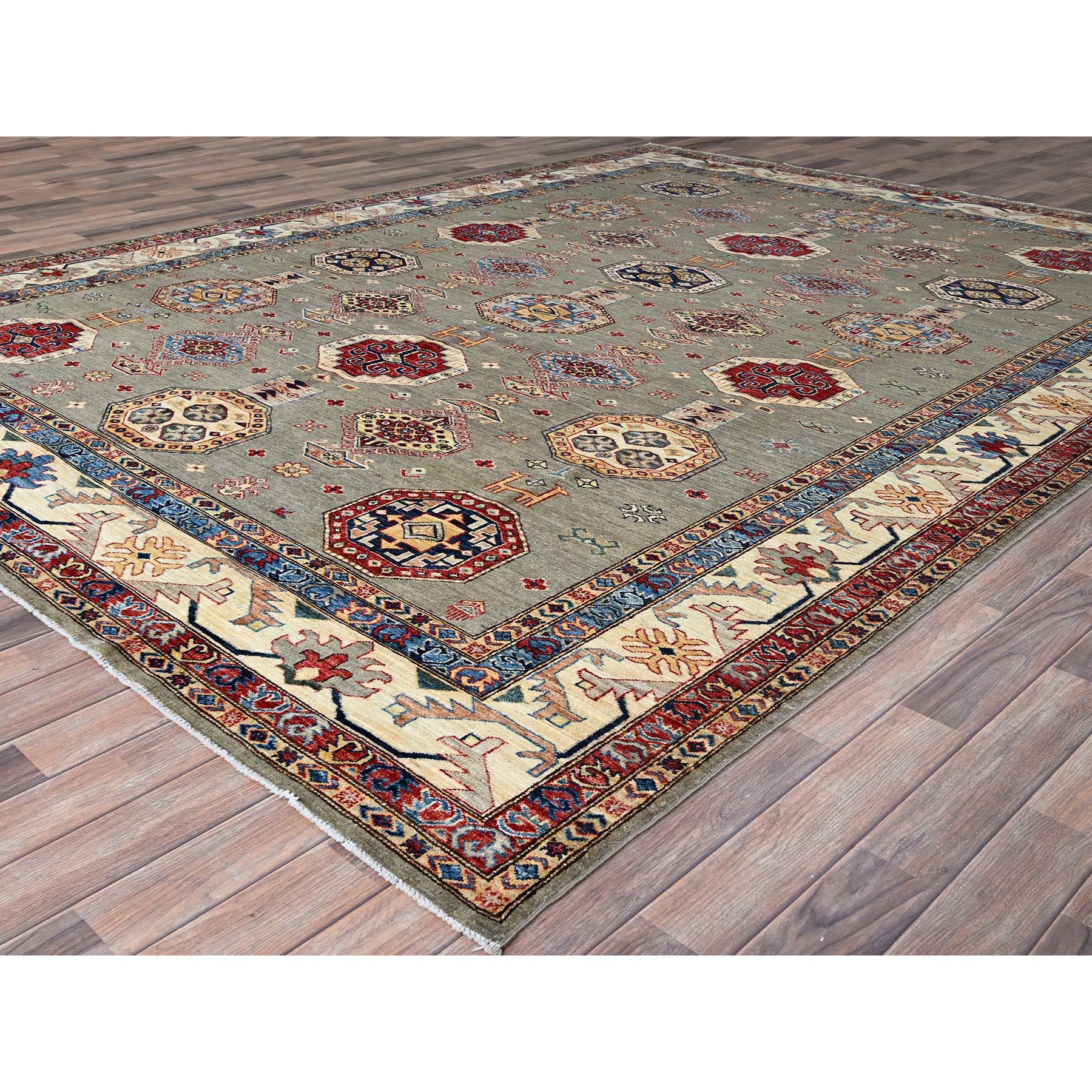 8'10"x11'9" Wrought Iron Gray and Shoji White, Soft Pure Wool, Vegetable Dyes, Afghan Super Kazak with All Over Medallions, Hand Knotted, Oriental Rug HR86540 - Image 4