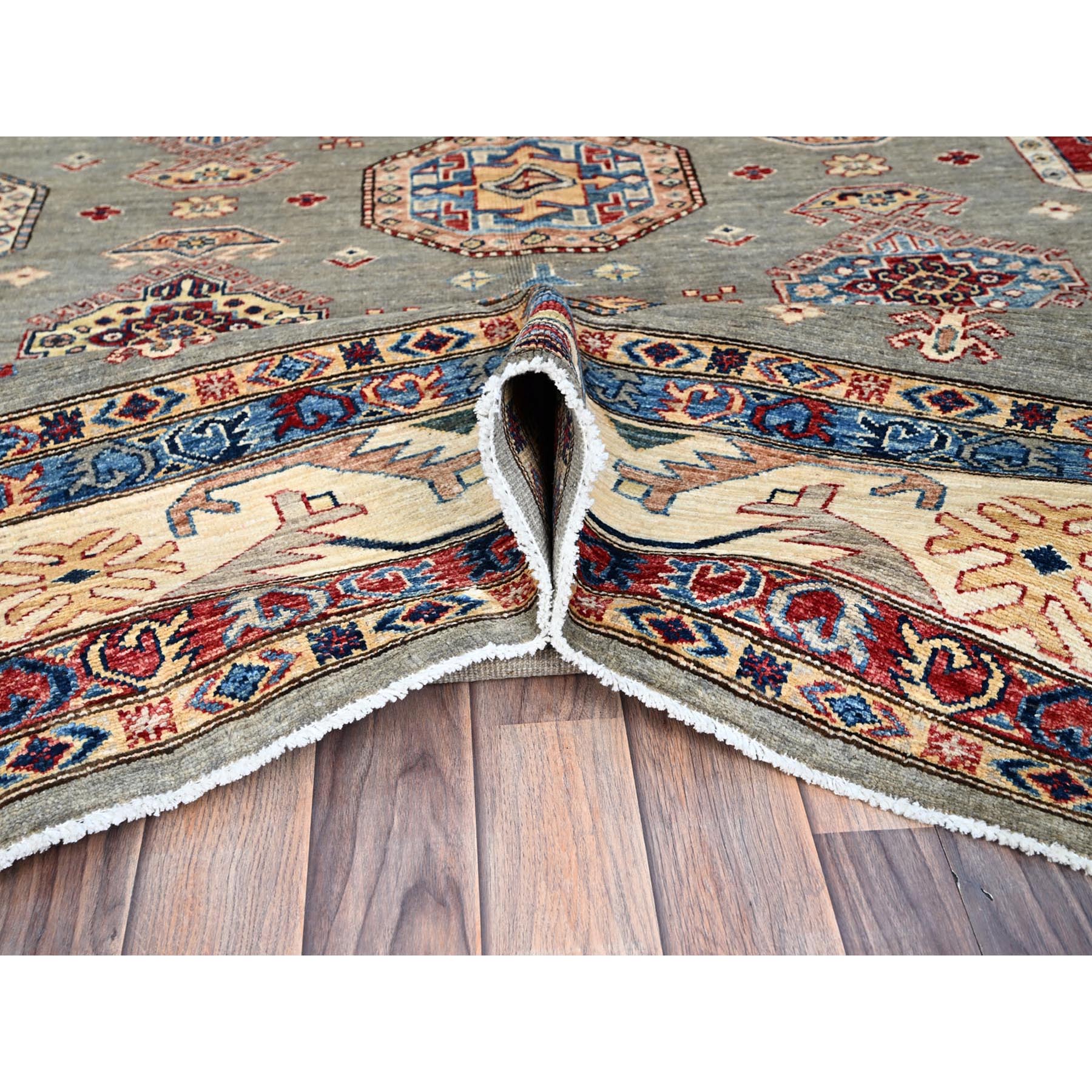 8'10"x11'9" Wrought Iron Gray and Shoji White, Soft Pure Wool, Vegetable Dyes, Afghan Super Kazak with All Over Medallions, Hand Knotted, Oriental Rug HR86540 - Image 6