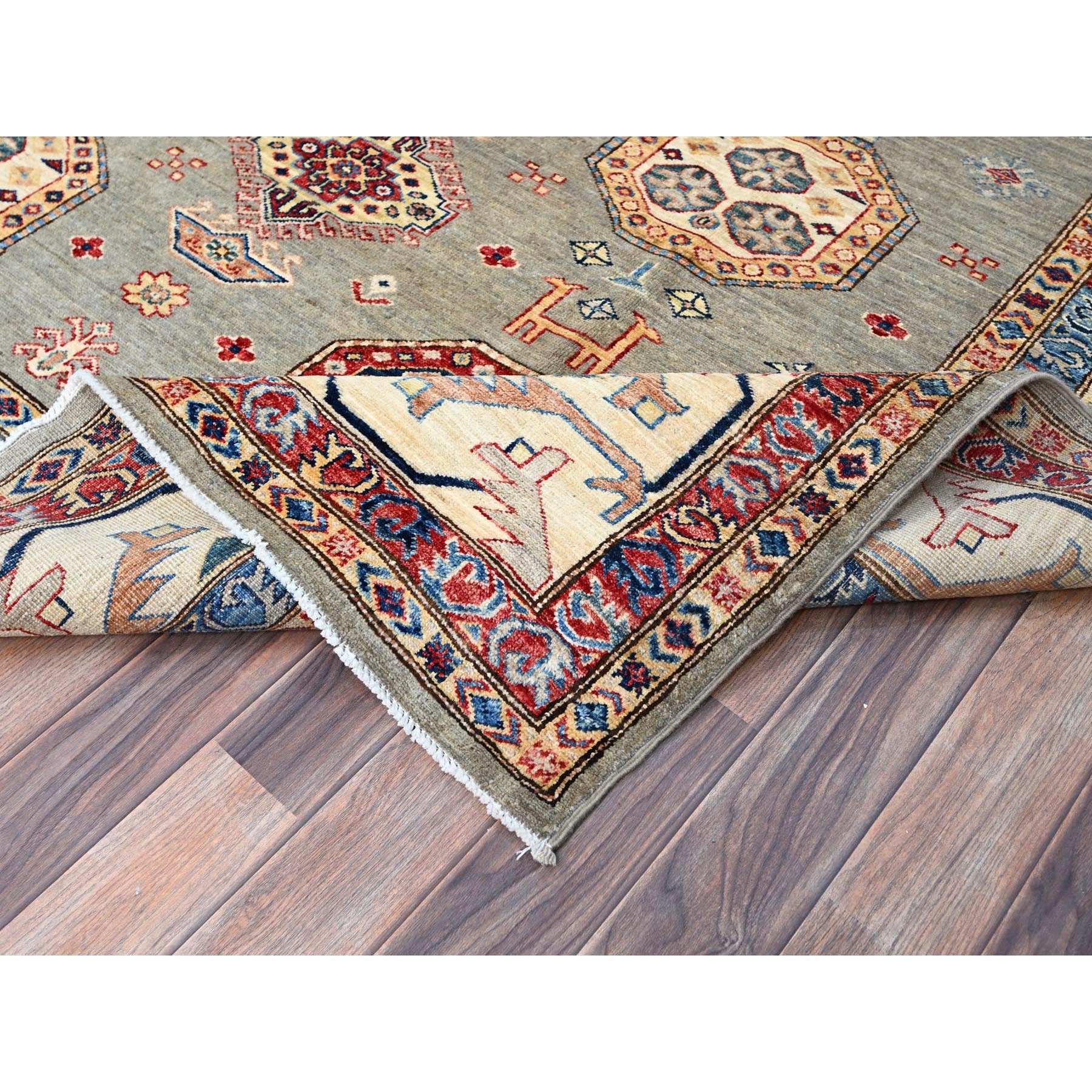 8'10"x11'9" Wrought Iron Gray and Shoji White, Soft Pure Wool, Vegetable Dyes, Afghan Super Kazak with All Over Medallions, Hand Knotted, Oriental Rug HR86540 - Image 7