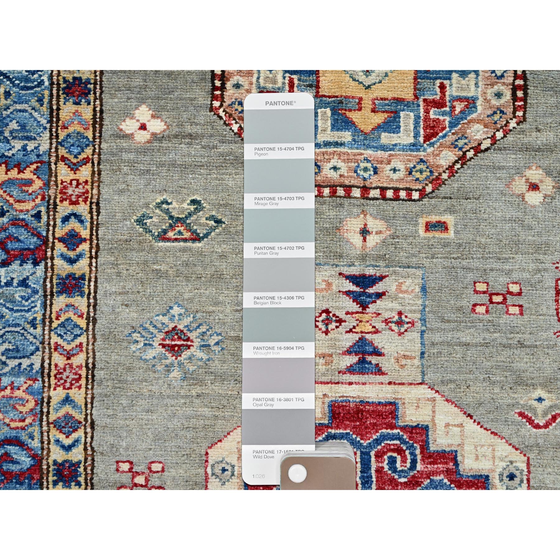 8'10"x11'9" Wrought Iron Gray and Shoji White, Soft Pure Wool, Vegetable Dyes, Afghan Super Kazak with All Over Medallions, Hand Knotted, Oriental Rug HR86540 - Image 8
