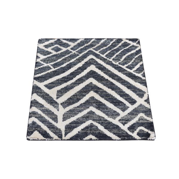 2'2"x2'2" Denim Black, Modern Design, Pure Silk with Textured Wool, Hand Knotted, Sample Mat Square, Oriental Rug HR87990