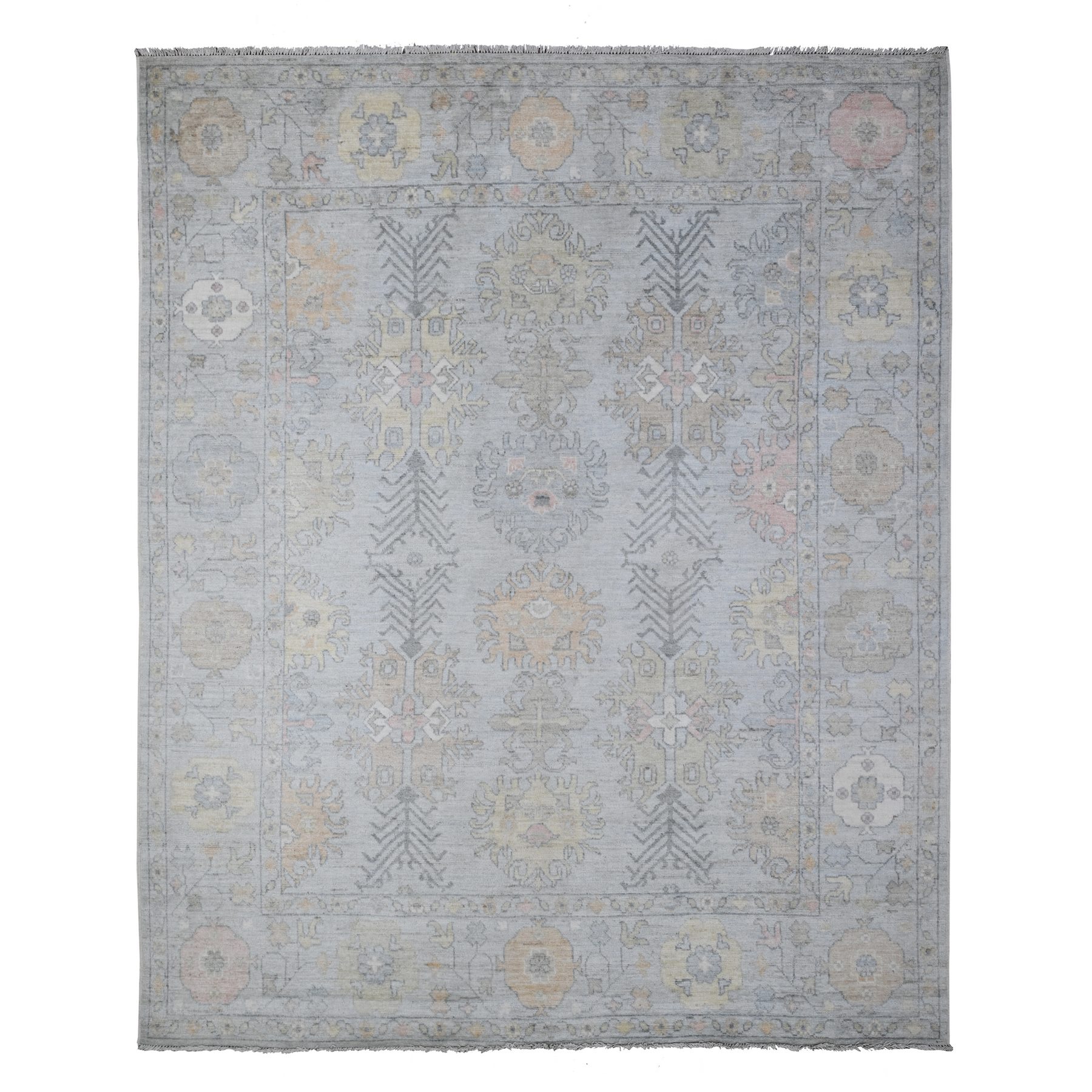 8'3"x10' Silver Chalice Gray, Hand Knotted, Wool Weft, Vegetable Dyes, Tribal Flower And Leaf Design, Angora Oushak Oriental Rug HR88649