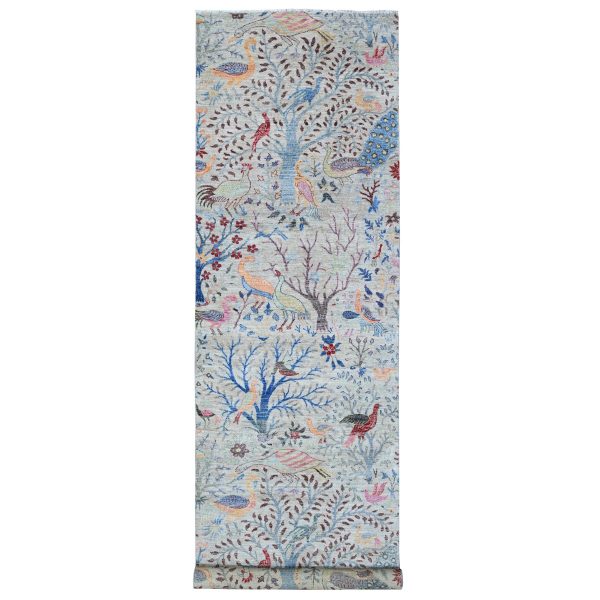 4'1"x16' Tint Gray, Hand Knotted Afghan Peshawar with Birds of Paradise, Natural Dyes Pure Wool, Wide Runner Oriental Rug HR88718