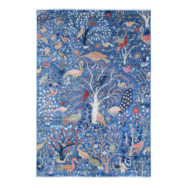 6'x8'9" Dodger Blue, Hand Knotted Organic Wool, Abrash, Natural Dyes, Afghan Peshawar with Birds of Paradise Design, Oriental Rug HR88725
