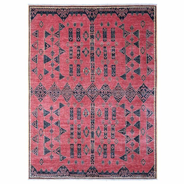 8'7"x11'3" Rust Red, Densely Woven, Hand Knotted, Soft And Shiny Wool, Peshawar with Berber Influence Geometric Pattern, Natural Dyes, Oriental Rug HR88750