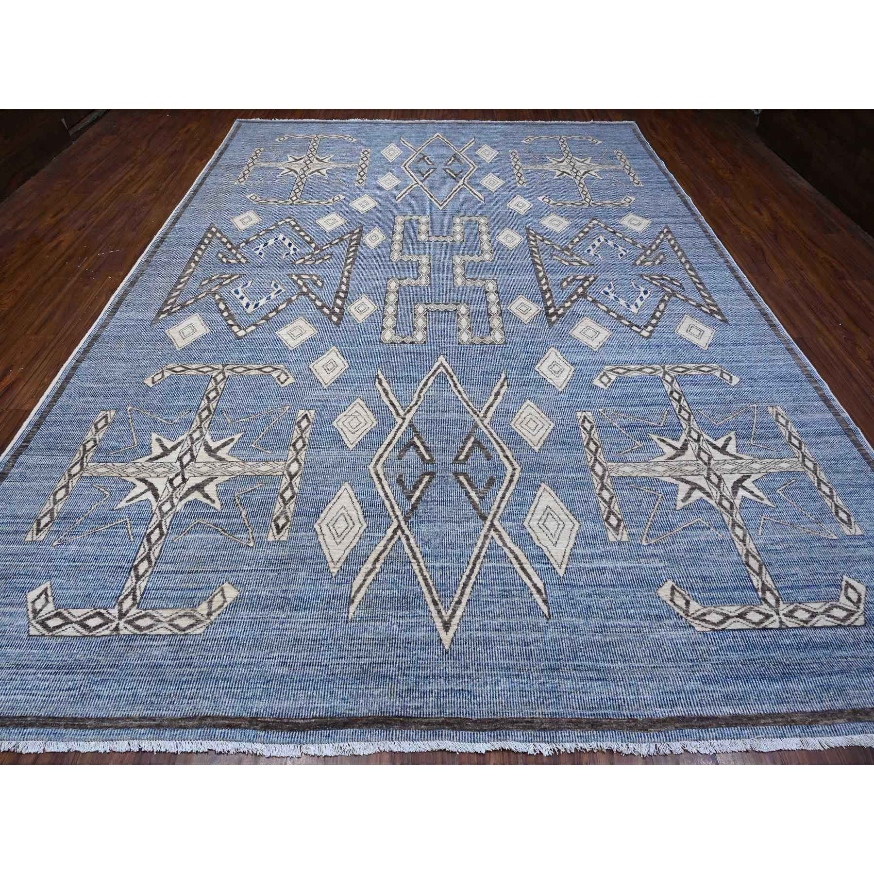 10'x13'9" Air Force Blue, Hand Knotted With Berber Influence, Peshawar, Denser Weave, Vegetable Dyes, Snowflake Geometric Design, Oriental Rug HR88751 - Image 3