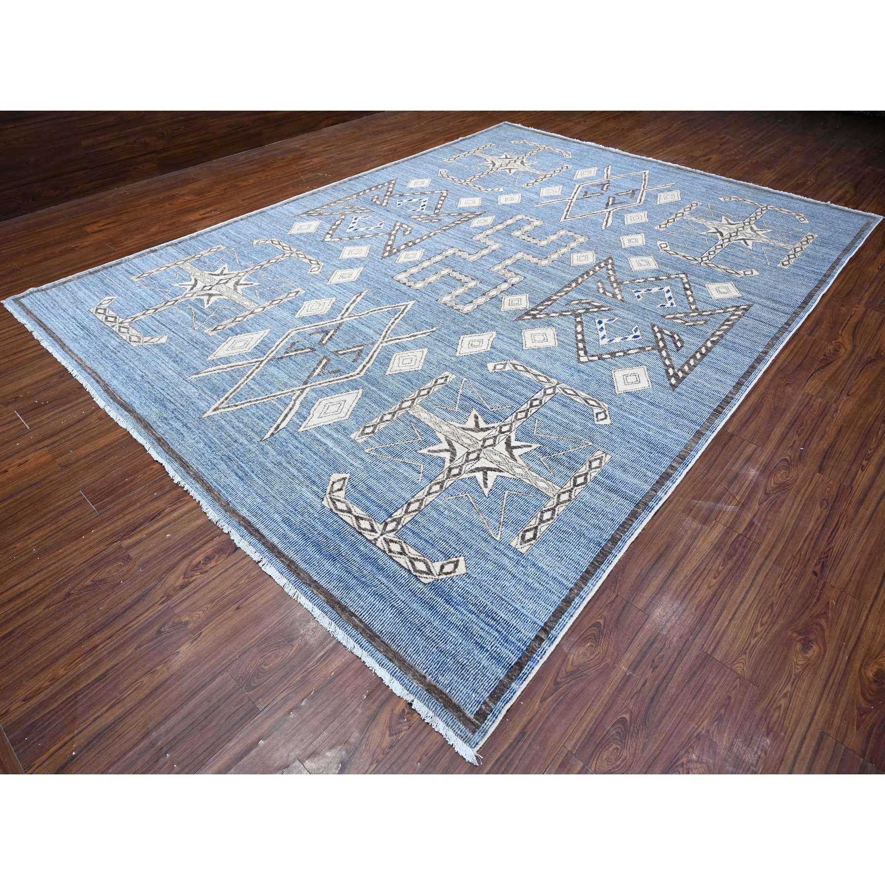 10'x13'9" Air Force Blue, Hand Knotted With Berber Influence, Peshawar, Denser Weave, Vegetable Dyes, Snowflake Geometric Design, Oriental Rug HR88751 - Image 4