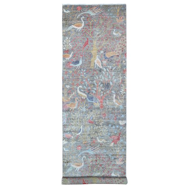 4'x16' Light Gray, Vegetable Dyes, Pure Wool, Hand Knotted, Afghan Peshawar Borderless Birds of Paradise Design, Wide Runner Oriental Rug HR88755