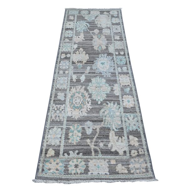 2'8"x7'9" Scorpion Gray, Hand Knotted With Extra Soft Wool Foundation, Tribal Medallions All Over Design, Natural Dyes, Afghan Angora Oushak, Runner Oriental Rug HR88832