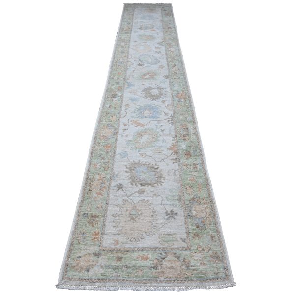 2'8"x15'4" Silver Gray, Vegetable Dyes With Village Flower Design, Hand Knotted, Wool Weft, Afghan Angora Oushak, XL Runner Oriental Rug HR88834