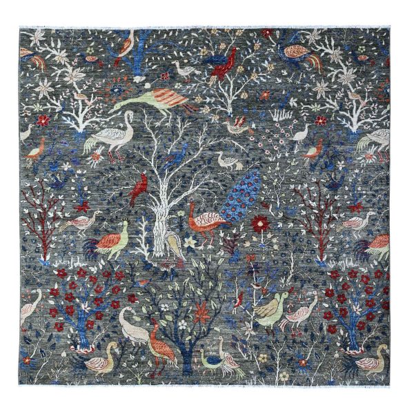 8'x8' Iridium Gray, Afghan Peshawar with Birds of Paradise, Vegetable Dyes, Tree Of Life, Extra Soft Wool, Hand Knotted Square Oriental Rug HR88867