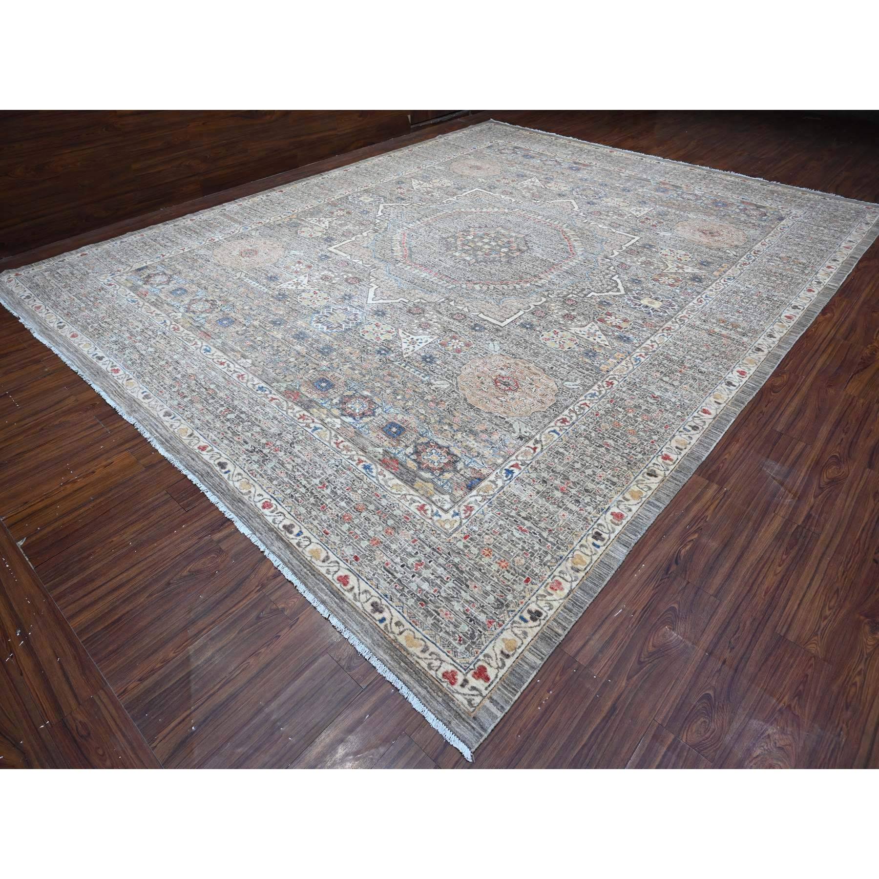 12'3"x15'5" Laid Back Gray, Vegetable Dyes, Organic Wool, Mamluk Design Pre Historic 14th Century Influence, Hand Knotted, Oversized Oriental Rug HR88870 - Image 4