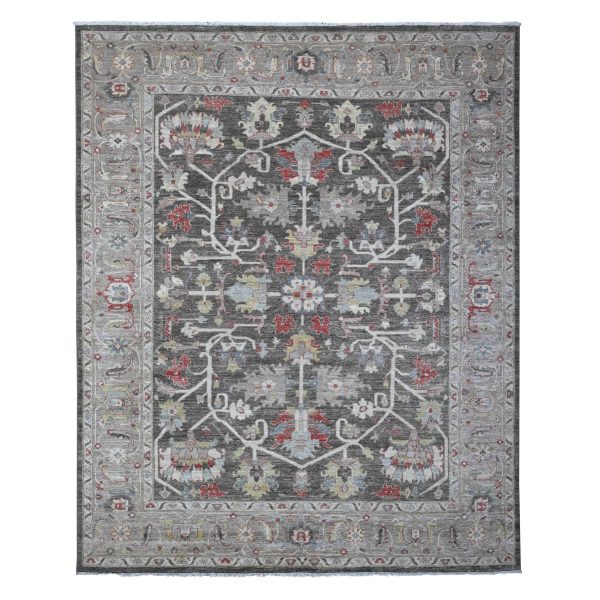 8'x9'7" Abbey Black, Hand Knotted, Velvety Wool, Fine Aryana Heriz All Over Design, Vegetable Dyes, Peshawar Oriental Rug HR88873