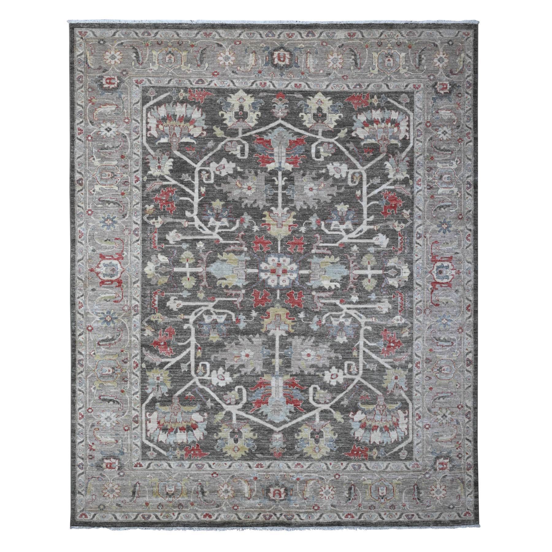 8'x9'7" Abbey Black, Hand Knotted, Velvety Wool, Fine Aryana Heriz All Over Design, Vegetable Dyes, Peshawar Oriental Rug HR88873