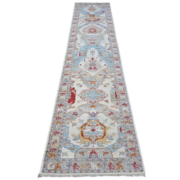 2'6"x12'4" Snowbound White, Ancient North West Persian Design, Aryana Collection, Vegetable Dyes, Hand Spun Wool, Hand Knotted, Runner Oriental Rug HR88889