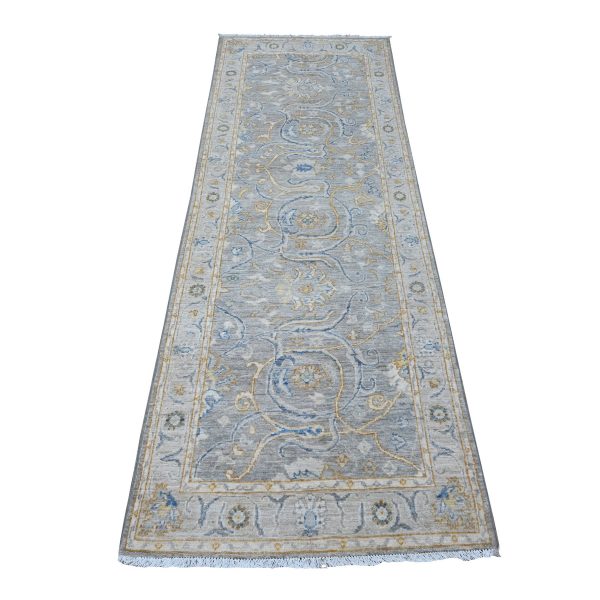 2'8"x7'10" Pail Gray, Afghan Peshawar All Over Design, Densely Woven, Natural Dyes, Hand Knotted Extra Soft Wool, Runner Oriental Rug HR88898