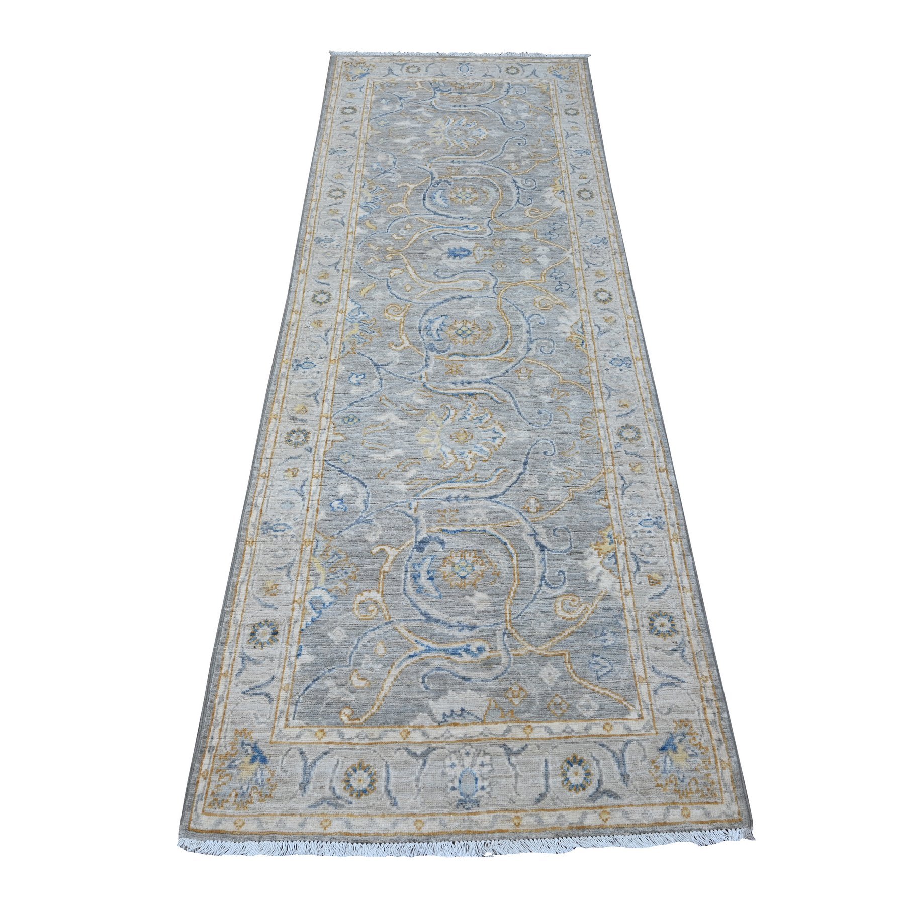 2'8"x7'10" Pail Gray, Afghan Peshawar All Over Design, Densely Woven, Natural Dyes, Hand Knotted Extra Soft Wool, Runner Oriental Rug HR88898