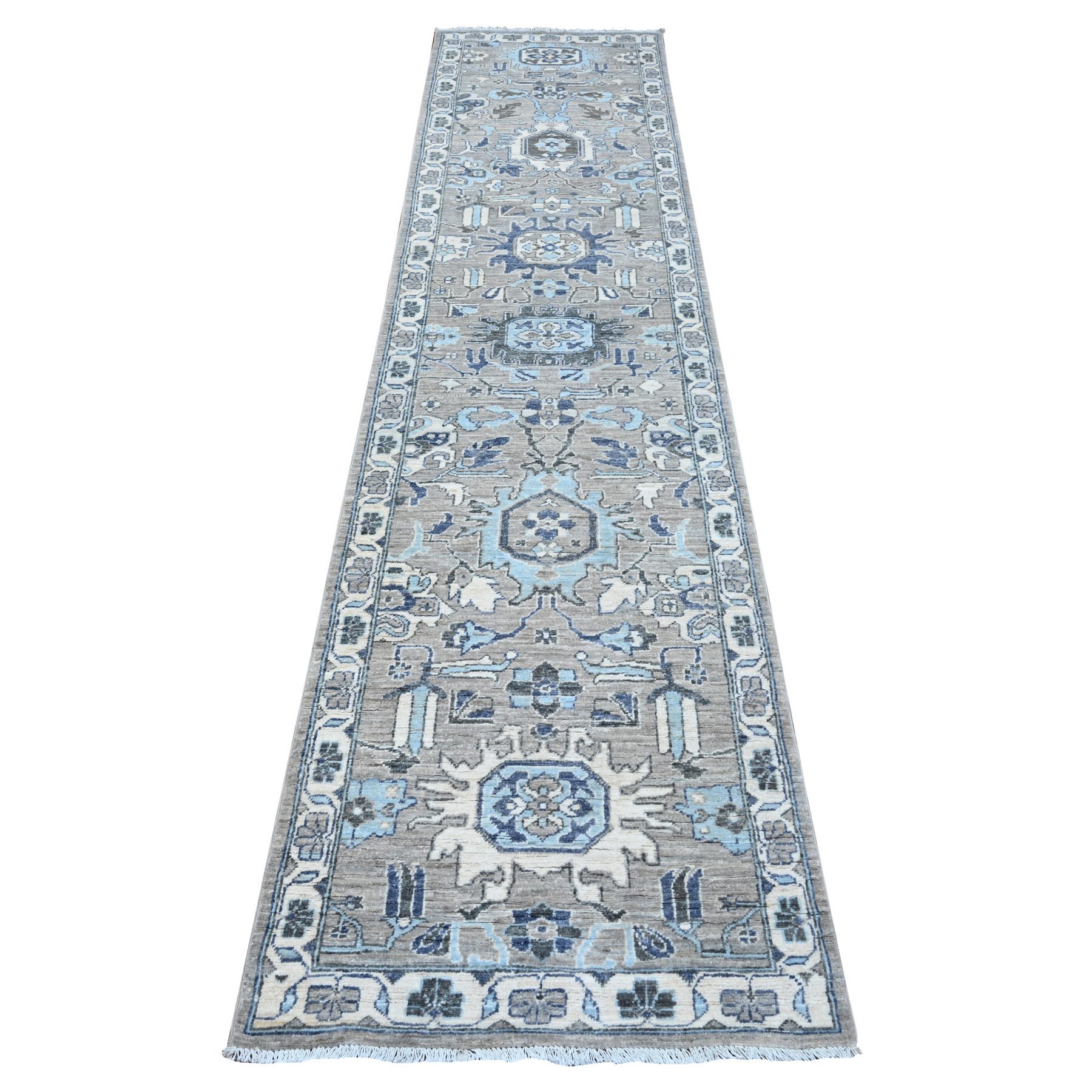 2'5"x10'8" Repose Gray, Denser Weave, Karajeh Design North West Persian, Peshawar Fine Aryana Collection, Hand Knotted All Wool, Natural Dyes, Runner Oriental Rug HR88899