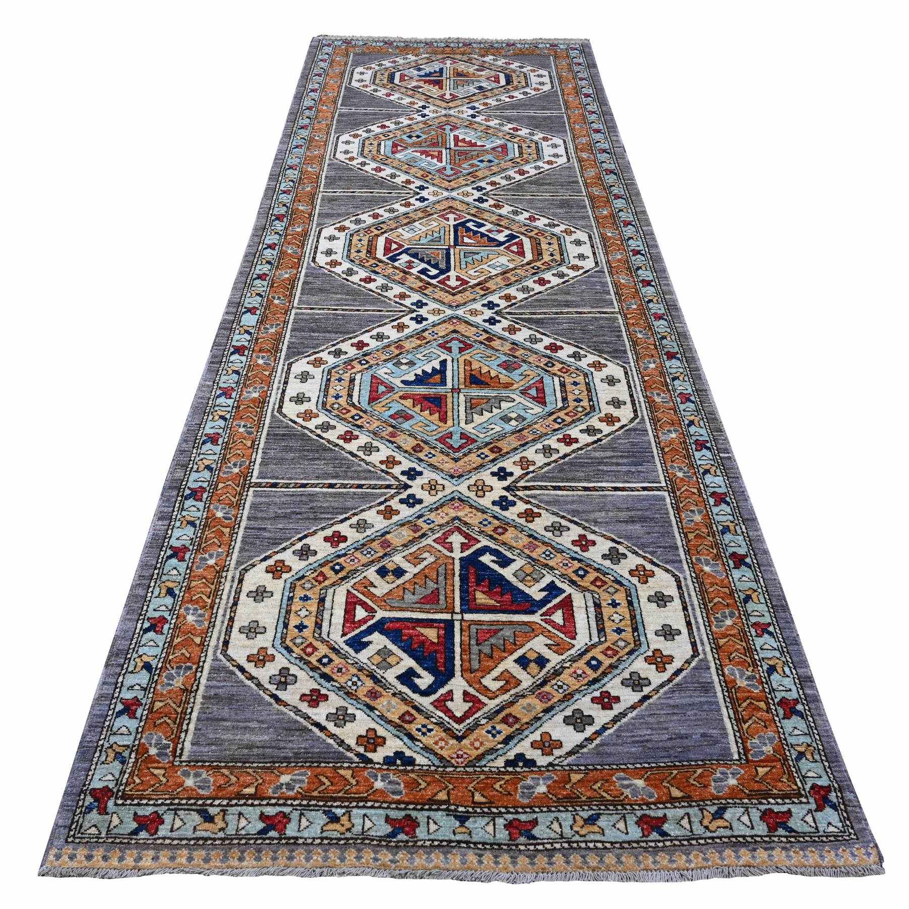 4'1"x11'9" Storm Cloud Gray, Vegetable Dyes, Fine Wide Runner Afghan With Geometric Village Design, 100% Wool, Hand Knotted Oriental Rug HR88927