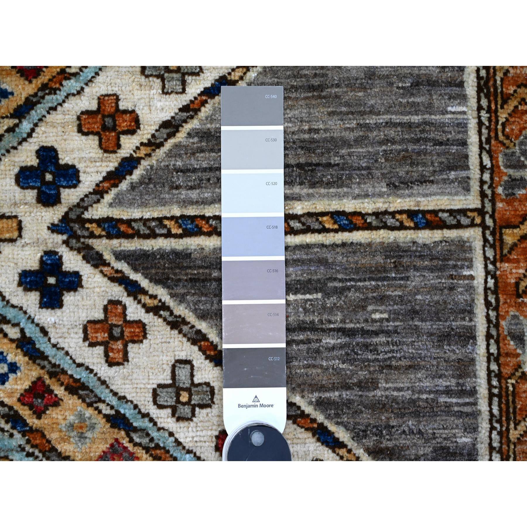 4'1"x11'9" Storm Cloud Gray, Vegetable Dyes, Fine Wide Runner Afghan With Geometric Village Design, 100% Wool, Hand Knotted Oriental Rug HR88927 - Image 3