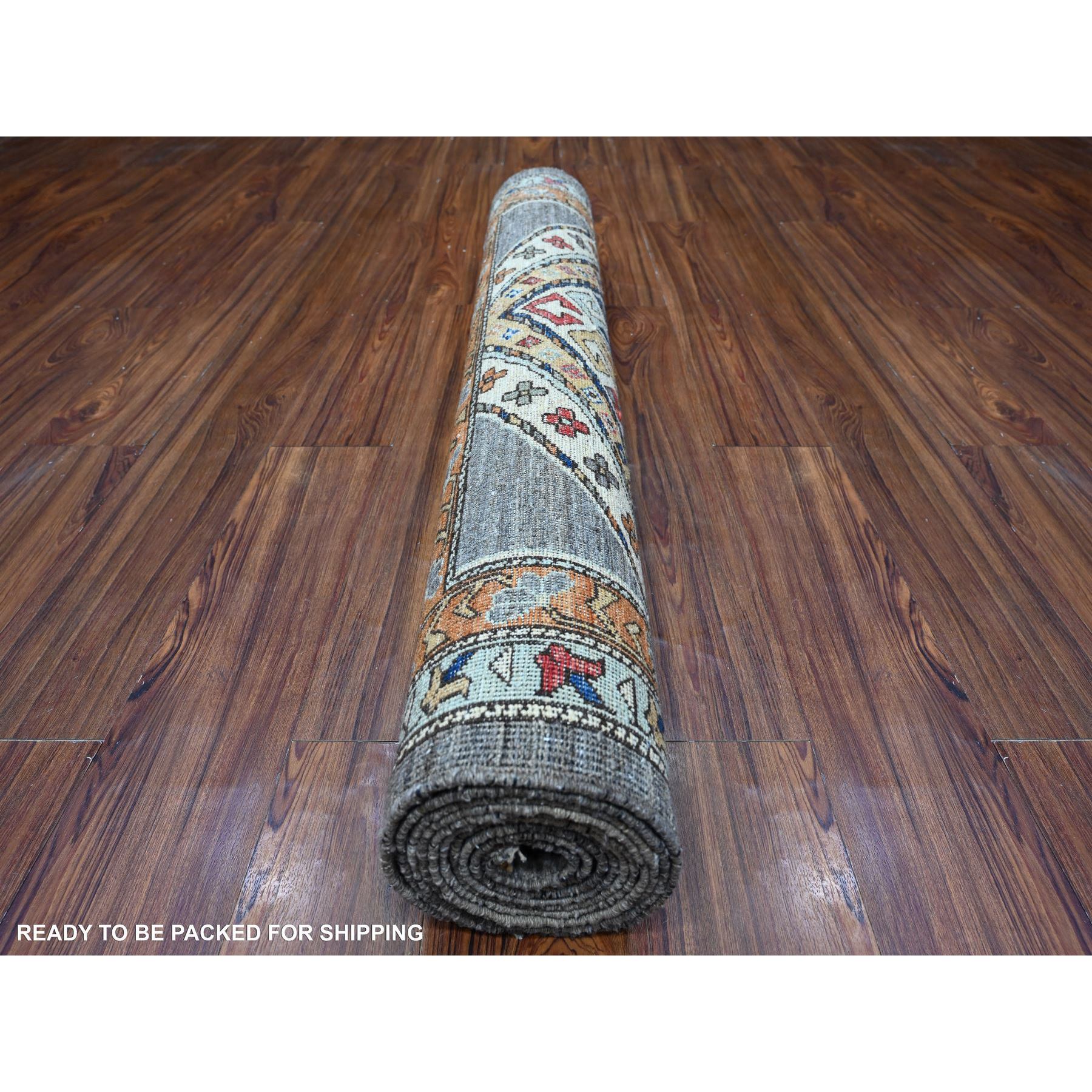 4'1"x11'9" Storm Cloud Gray, Vegetable Dyes, Fine Wide Runner Afghan With Geometric Village Design, 100% Wool, Hand Knotted Oriental Rug HR88927 - Image 4