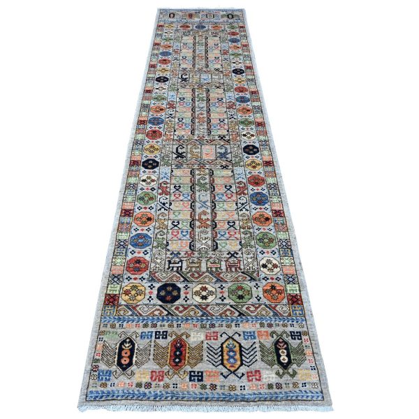2'8"x11'10" Shark Gray, Denser Weave Hand Knotted Afghan Hutchlu Design, Reimagined Vegetable Dyes, Soft Wool Plush Pile Runner Oriental Rug HR88931