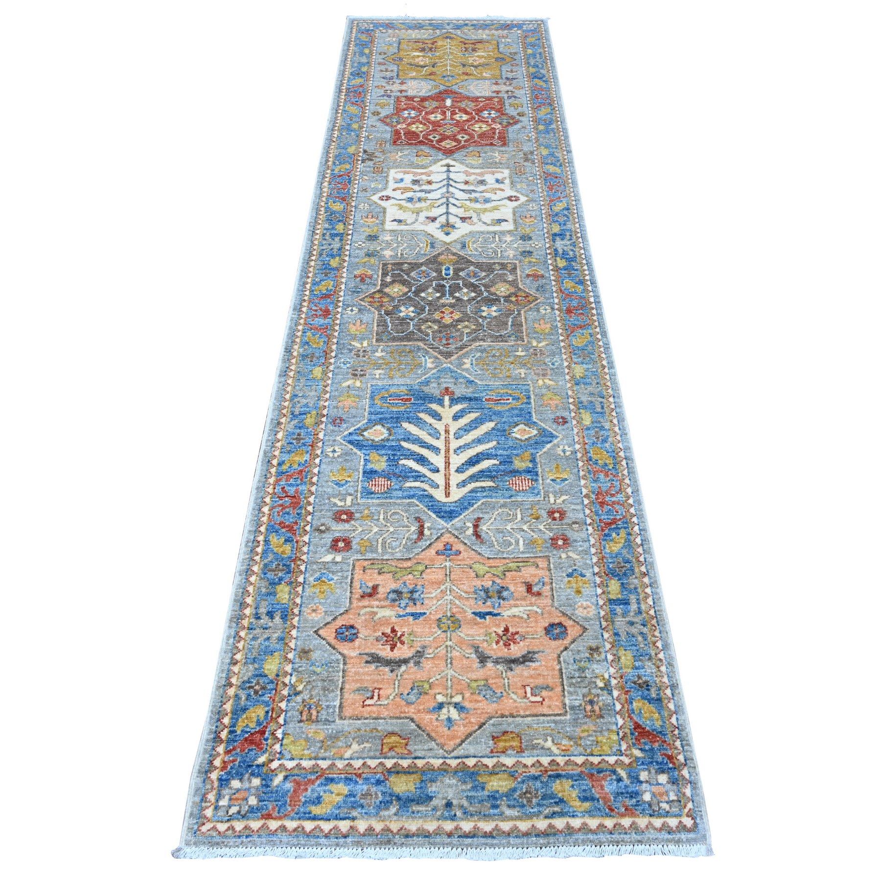 2'7"x10'2" Shadow Gray and Vivid Blue, Organic Wool, Fine Aryana Collection, Hand Knotted Caucasian Akstafa Design, Runner Oriental Rug HR88938