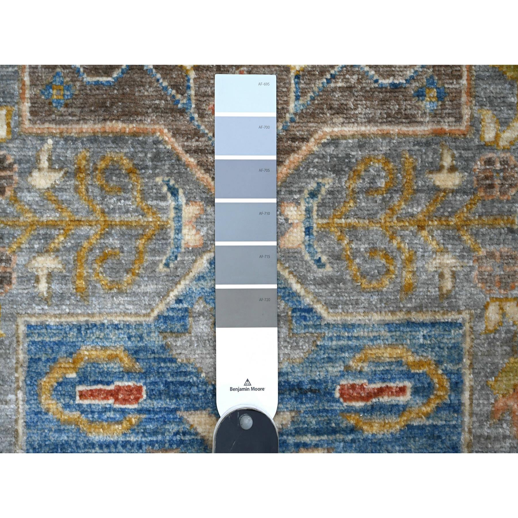 2'7"x10'2" Shadow Gray and Vivid Blue, Organic Wool, Fine Aryana Collection, Hand Knotted Caucasian Akstafa Design, Runner Oriental Rug HR88938 - Image 3