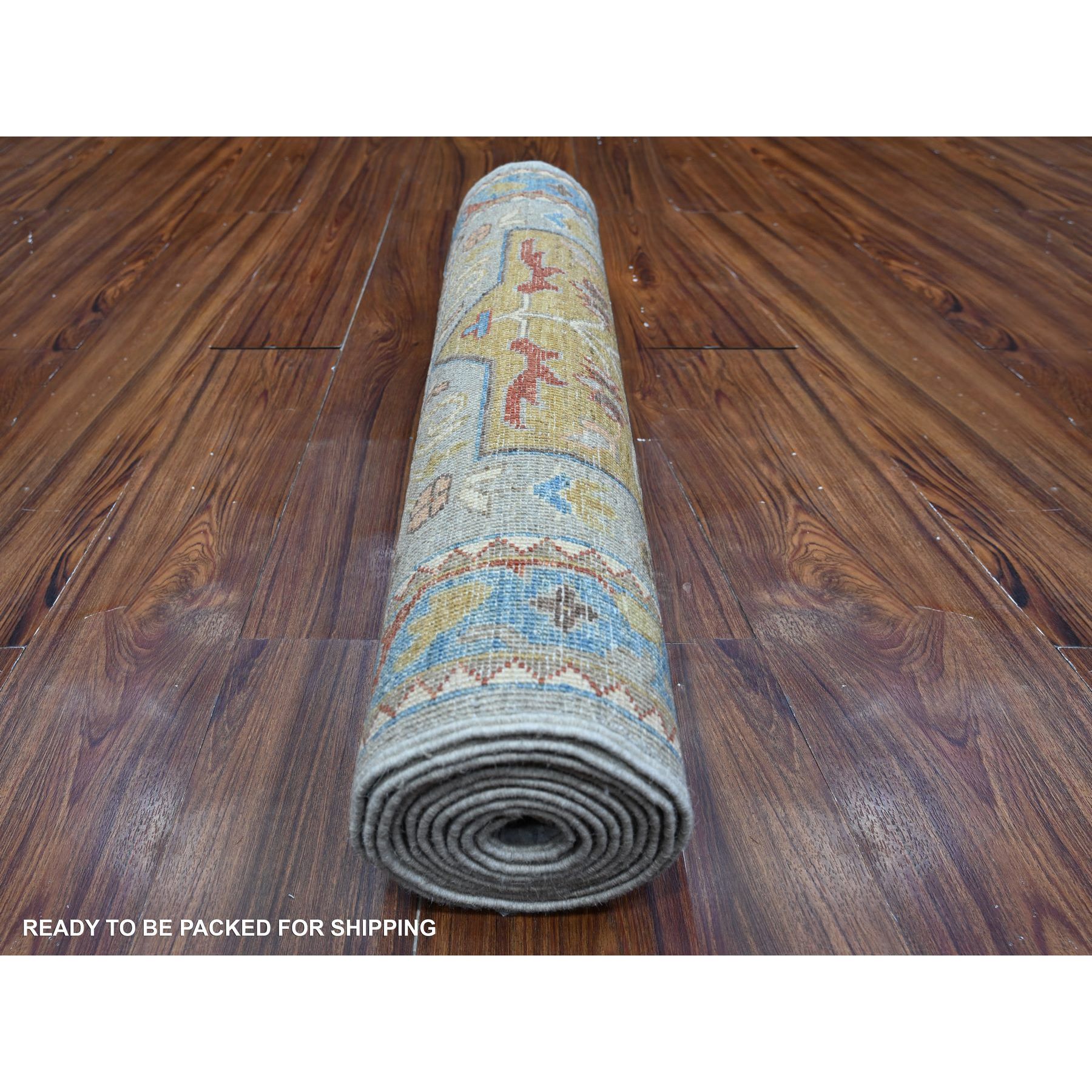 2'7"x10'2" Shadow Gray and Vivid Blue, Organic Wool, Fine Aryana Collection, Hand Knotted Caucasian Akstafa Design, Runner Oriental Rug HR88938 - Image 4