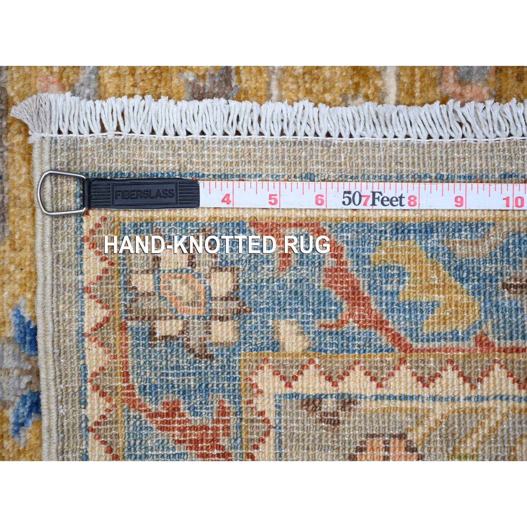 2'7"x10'2" Shadow Gray and Vivid Blue, Organic Wool, Fine Aryana Collection, Hand Knotted Caucasian Akstafa Design, Runner Oriental Rug HR88938 - Image 6