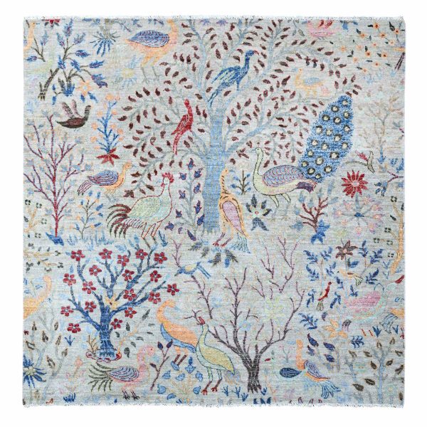 6'x6' Beacon Gray, Hand Knotted Birds of Paradise, Vegetable Dyes, Extra Soft Wool, Afghan Peshawar Square Oriental Rug HR88995
