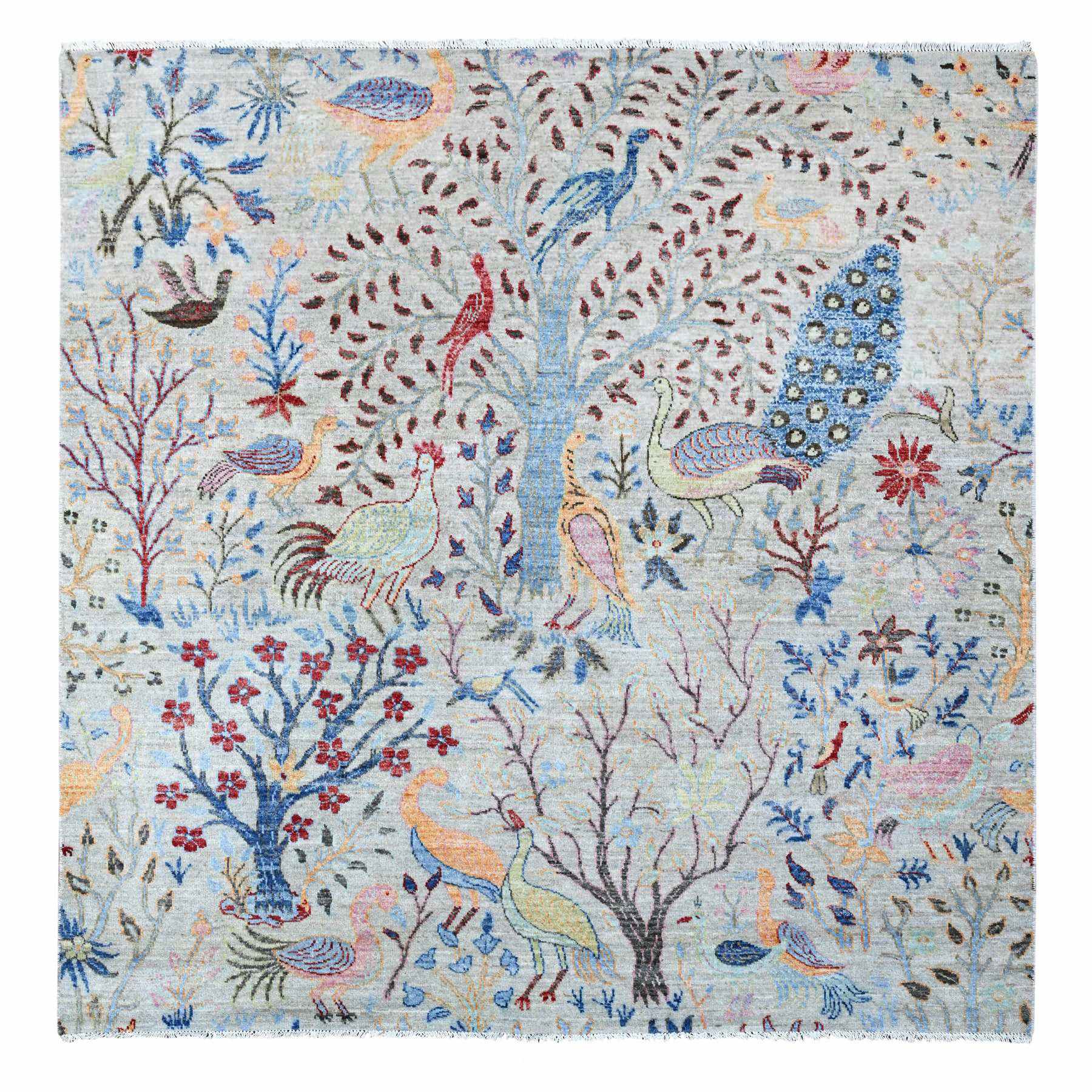 6'x6' Beacon Gray, Hand Knotted Birds of Paradise, Vegetable Dyes, Extra Soft Wool, Afghan Peshawar Square Oriental Rug HR88995