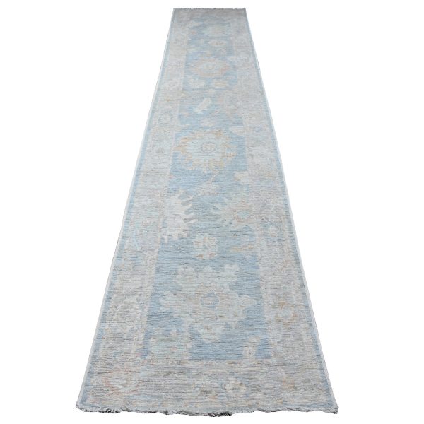 2'10"x15'5" Denim Blue, Rural Floral Elements All Over Design, Hand Knotted, Wool Weft, Natural Dyes, Soft Pile, Afghan Angora Oushak, Runner Oriental Rug HR89007