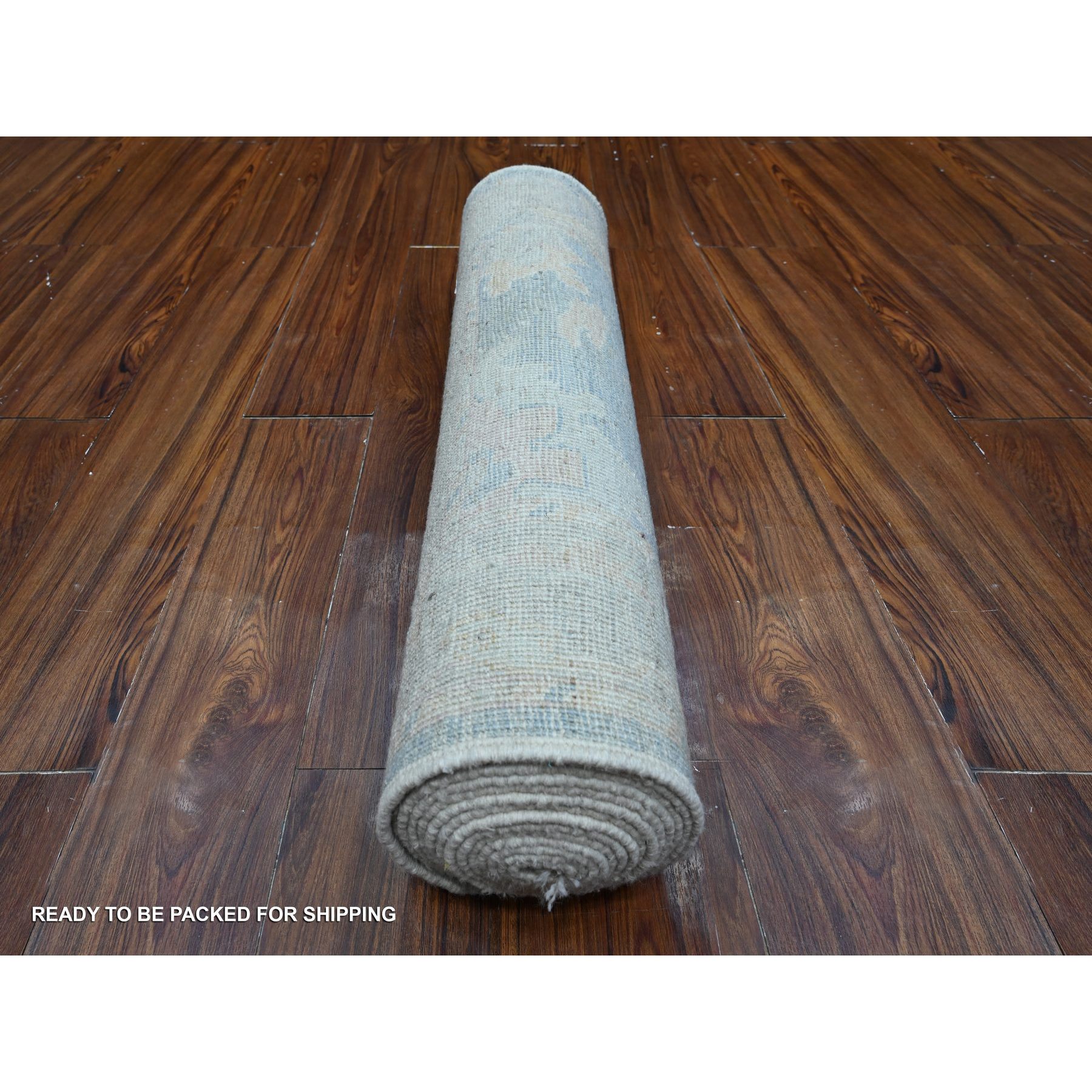 2'10"x15'5" Denim Blue, Rural Floral Elements All Over Design, Hand Knotted, Wool Weft, Natural Dyes, Soft Pile, Afghan Angora Oushak, Runner Oriental Rug HR89007 - Image 4