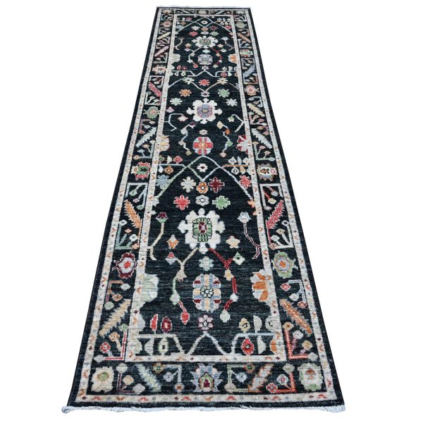 2'10"x12' Eerie Black, Hand Knotted With Wool Weft, Colorful Tribal Flower And Leaf Design All Over, Vegetable Dyes, Angora Oushak, Runner Oriental Rug HR89008