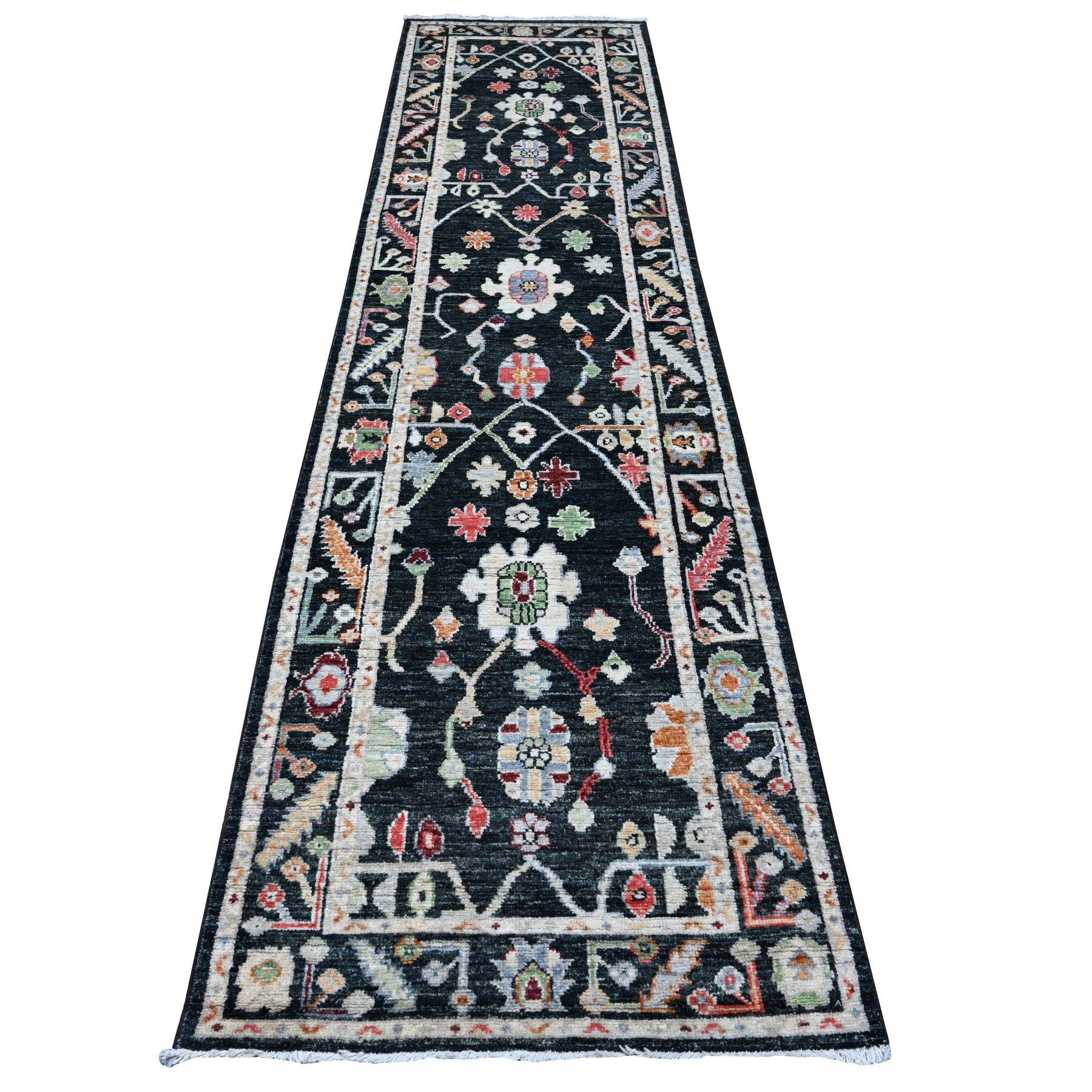 2'10"x12' Eerie Black, Hand Knotted With Wool Weft, Colorful Tribal Flower And Leaf Design All Over, Vegetable Dyes, Angora Oushak, Runner Oriental Rug HR89008