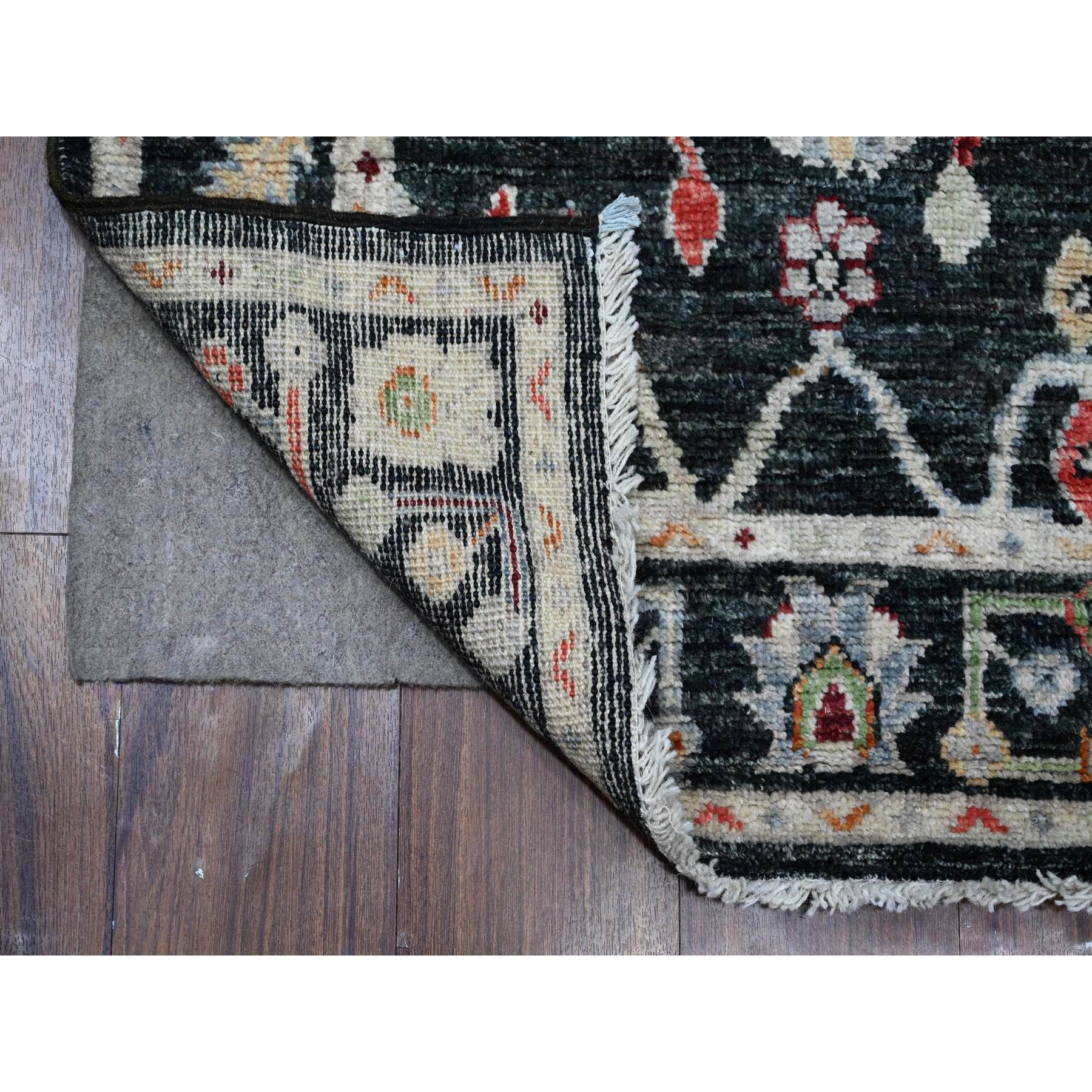2'10"x12' Eerie Black, Hand Knotted With Wool Weft, Colorful Tribal Flower And Leaf Design All Over, Vegetable Dyes, Angora Oushak, Runner Oriental Rug HR89008 - Image 2