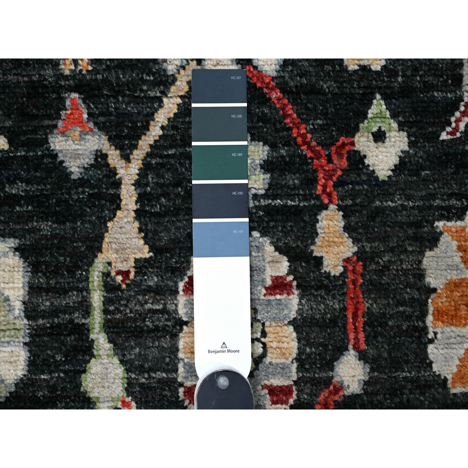 2'10"x12' Eerie Black, Hand Knotted With Wool Weft, Colorful Tribal Flower And Leaf Design All Over, Vegetable Dyes, Angora Oushak, Runner Oriental Rug HR89008 - Image 3
