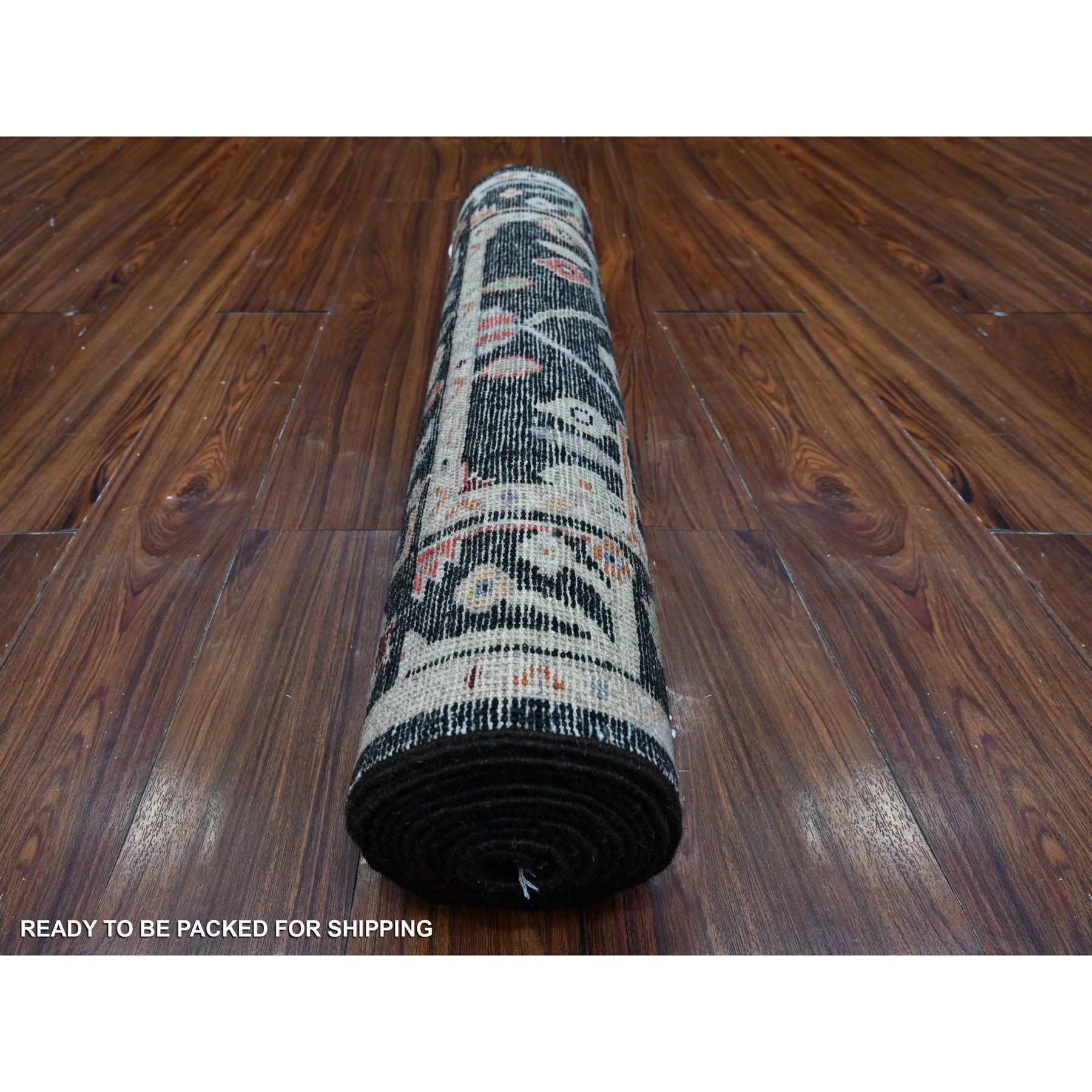 2'10"x12' Eerie Black, Hand Knotted With Wool Weft, Colorful Tribal Flower And Leaf Design All Over, Vegetable Dyes, Angora Oushak, Runner Oriental Rug HR89008 - Image 4