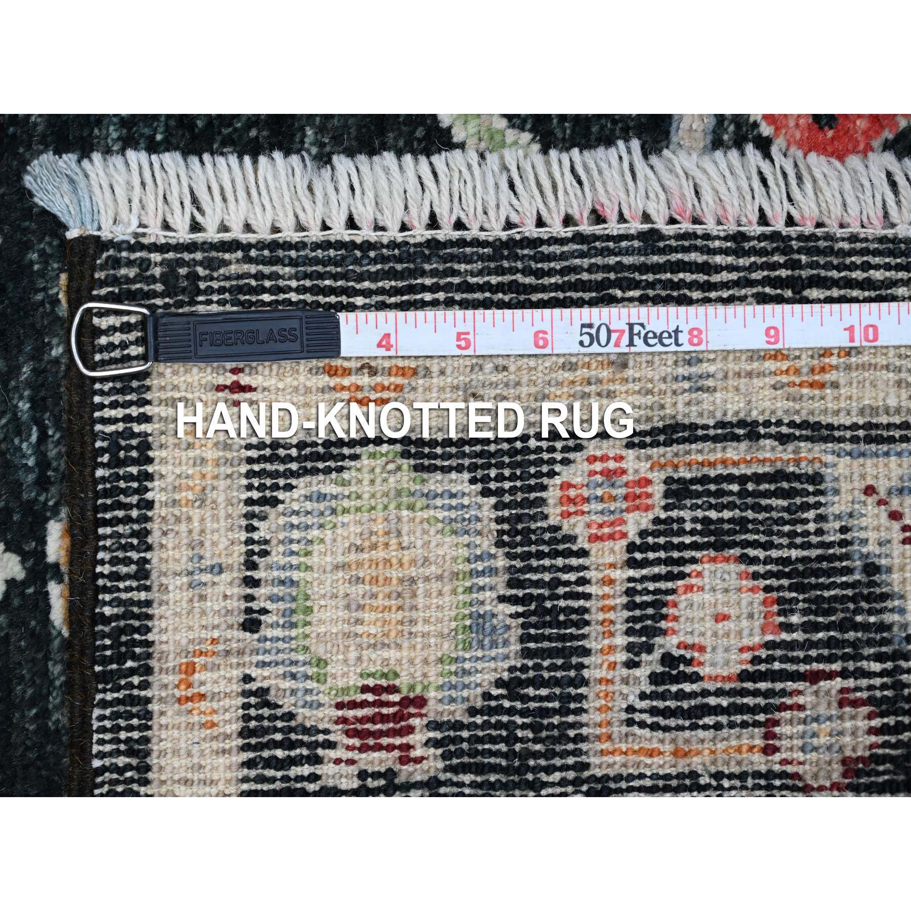 2'10"x12' Eerie Black, Hand Knotted With Wool Weft, Colorful Tribal Flower And Leaf Design All Over, Vegetable Dyes, Angora Oushak, Runner Oriental Rug HR89008 - Image 6