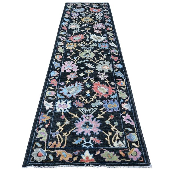 3'2"x11'5" Midnight Black, Wool Foundation, Natural Dyes, Vibrant Tribal Flower And Leaf Design, Hand Knotted, Afghan Angora Oushak, Runner Oriental Rug HR89011
