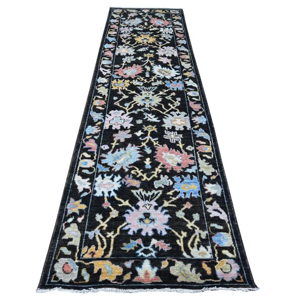 3'1"x11'6" Raisin Black, Hand Knotted, Wool Foundation, Afghan Angora Oushak, Natural Dyes, Rural Motifs All Over Design, Runner Oriental Rug HR89017