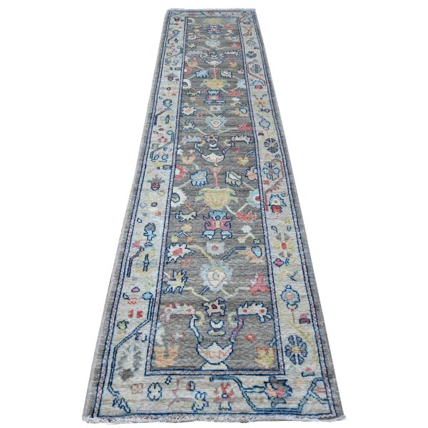 2'8"x11'9" Ash Gray, Afghan Angora Oushak, Wool Weft, Tribal Elements Design, Vegetable Dyes, Hand Knotted, Runner Oriental Rug HR89025