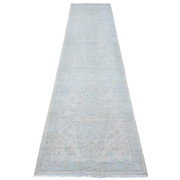 2'8"x11'1" Chantilly Lace White, Hand Knotted Pure Wool, Washed Out Fine Peshawar All Over Design, Runner Oriental Rug HR89031