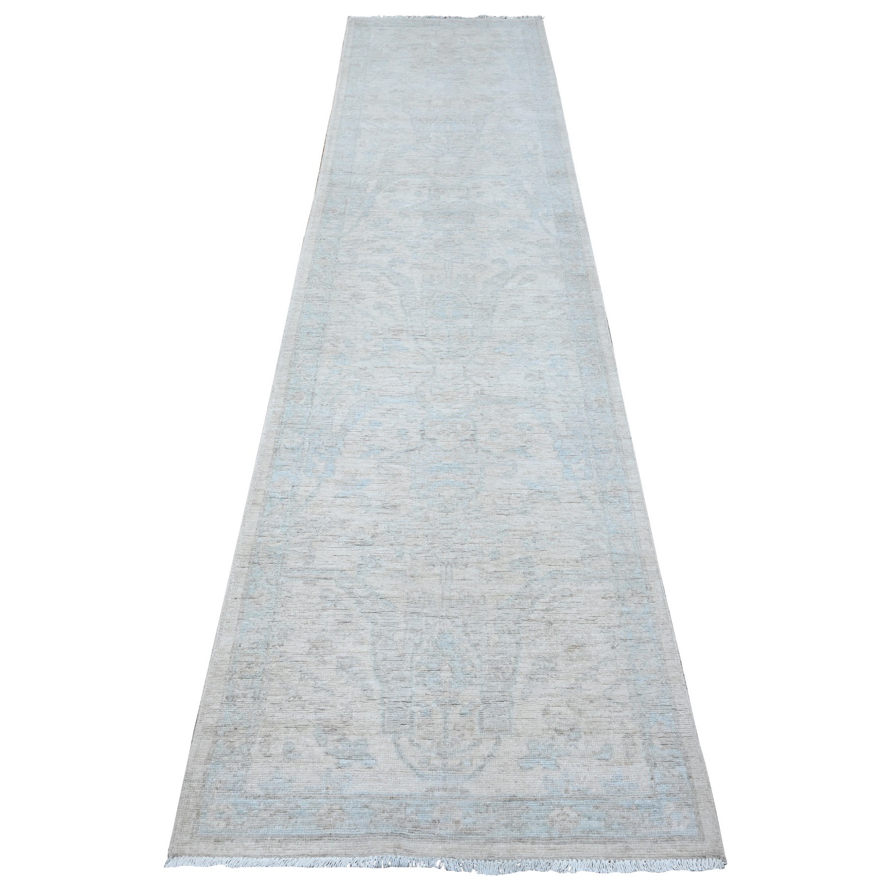 2'8"x11'1" Chantilly Lace White, Hand Knotted Pure Wool, Washed Out Fine Peshawar All Over Design, Runner Oriental Rug HR89031
