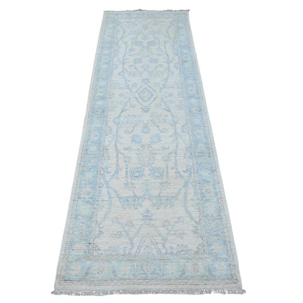 2'7"x8'2" Nebulous White and Baby Blue, Hand Knotted Washed Out Runner With All Over Design, Organic Wool, Fine Peshawar Oriental Rug HR89032